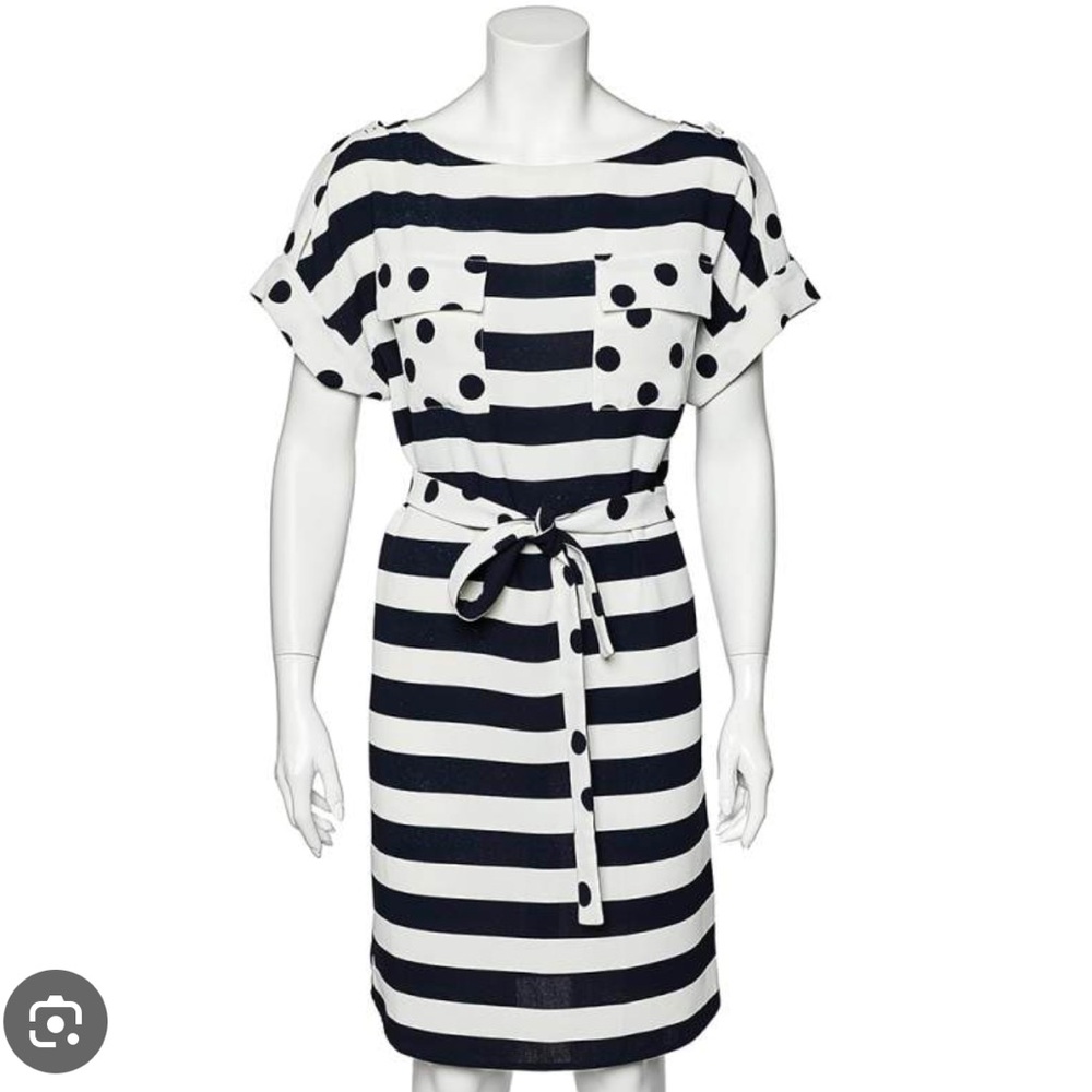 CH Carolina Herrera Navy Blue & White Stripe & Polka Dot Printed Belted Dress